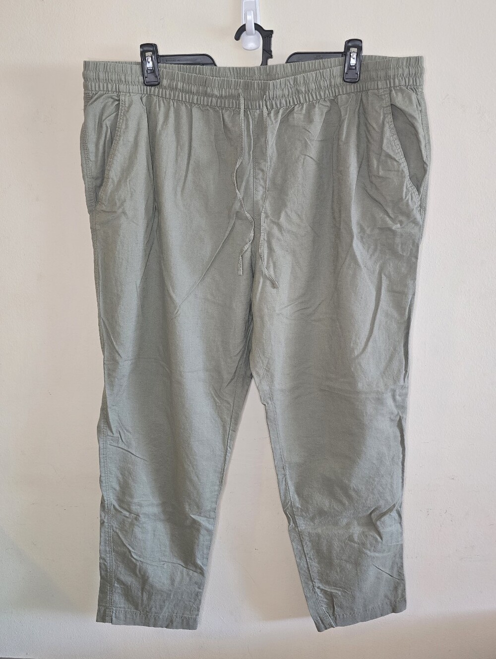 H&M Linen Blend Pants Women's Size XXL Green Drawstring Elastic Waist Pockets